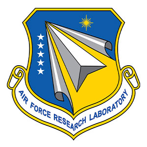 A blue and yellow shield with the words air force research laboratory written underneath it.