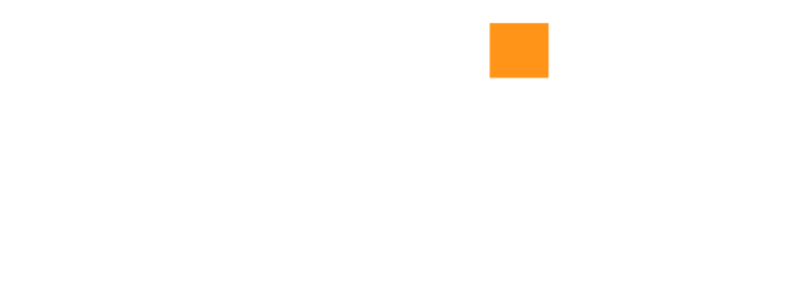 A black and white logo with an orange square.