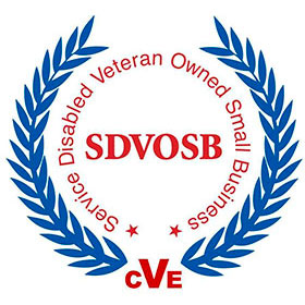 A blue wreath with the words " service disabled veteran owned small business " in red.